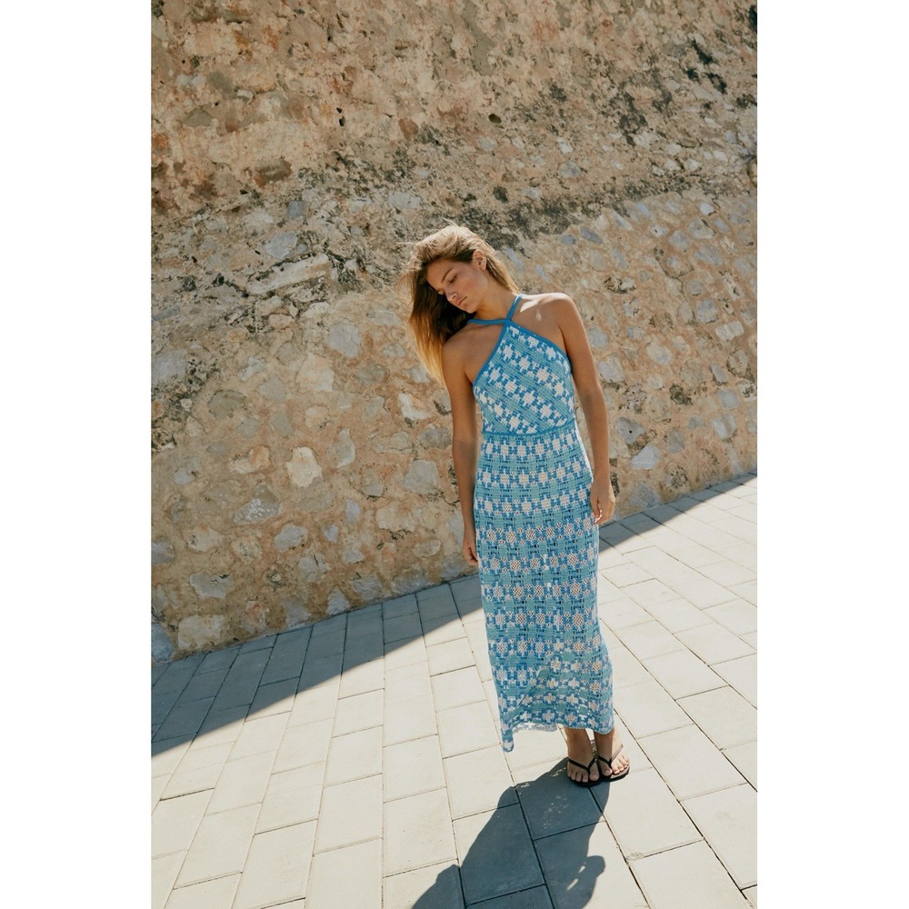 ZARA Blue White Crochet Knit Halter Midi Dress Size Womens M NWT Coastal Beach